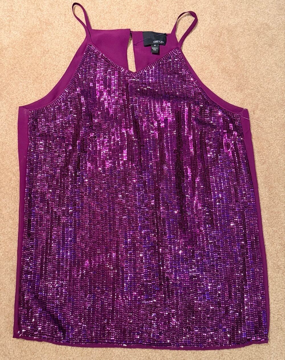 GREYLIN Women's Medium Purple Sequin Halter Top Cocktail Party Sparkle Blouse
